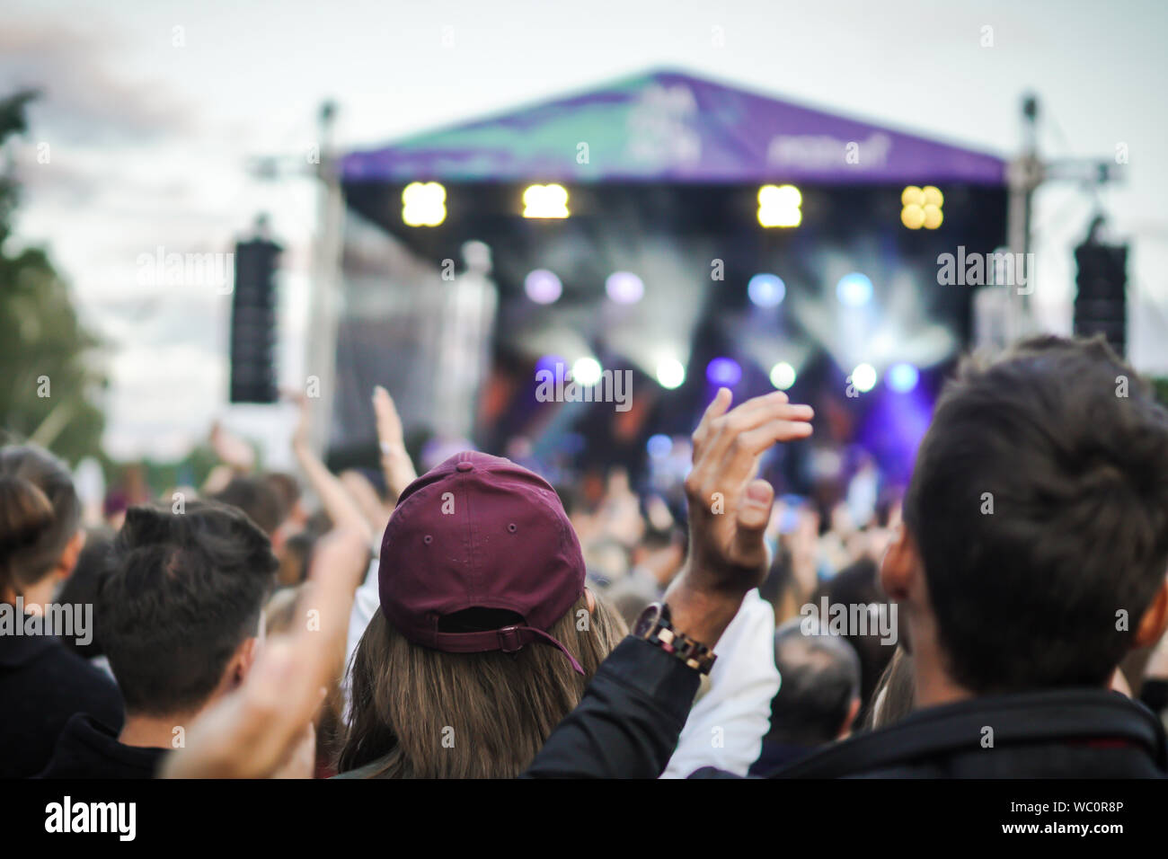 Un ragazzo non identificato sorge in una folla di guardare un concerto di musica. Foto Stock