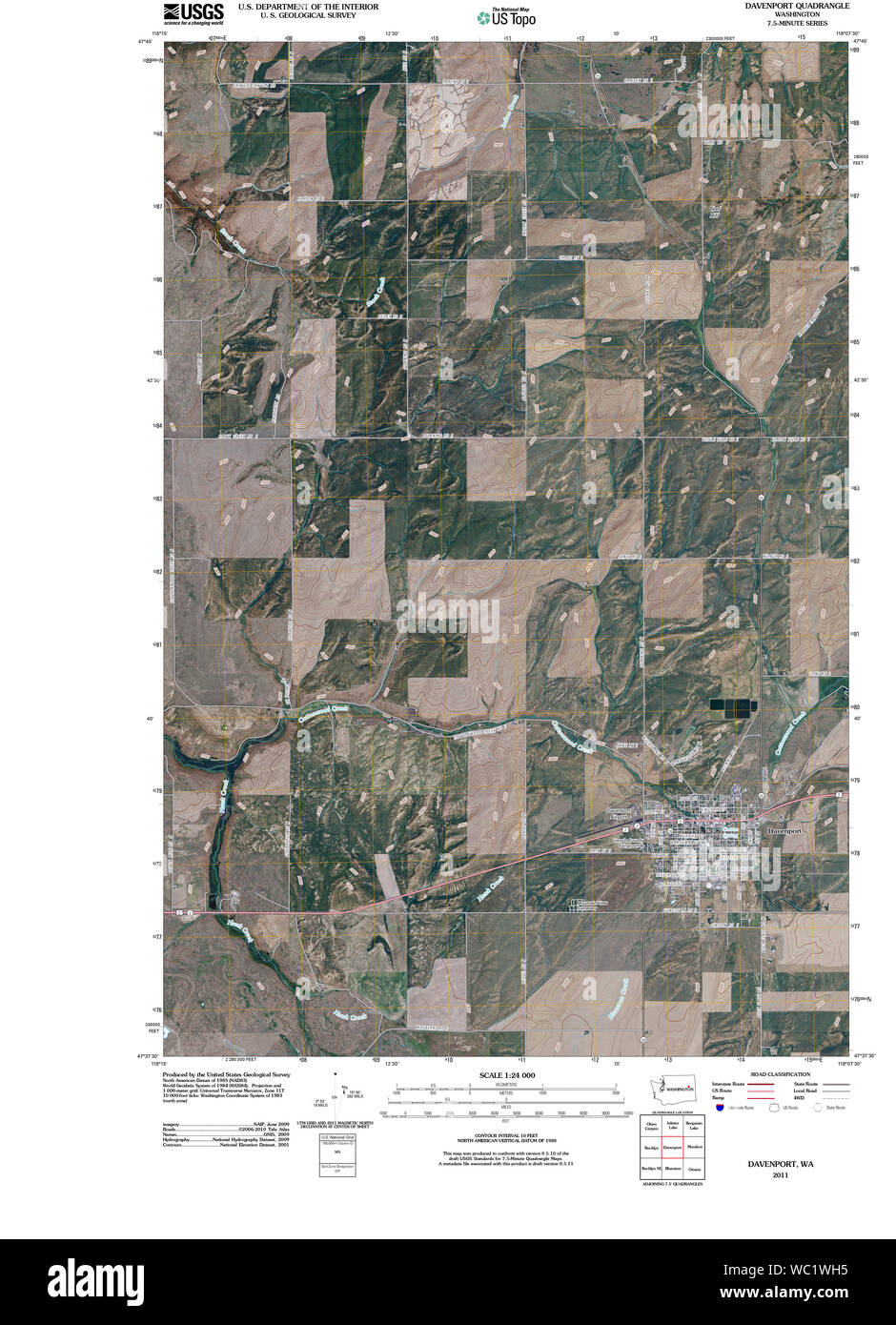 USGS TOPO Map Stato di Washington WA Davenport 20110401 TM il restauro Foto Stock