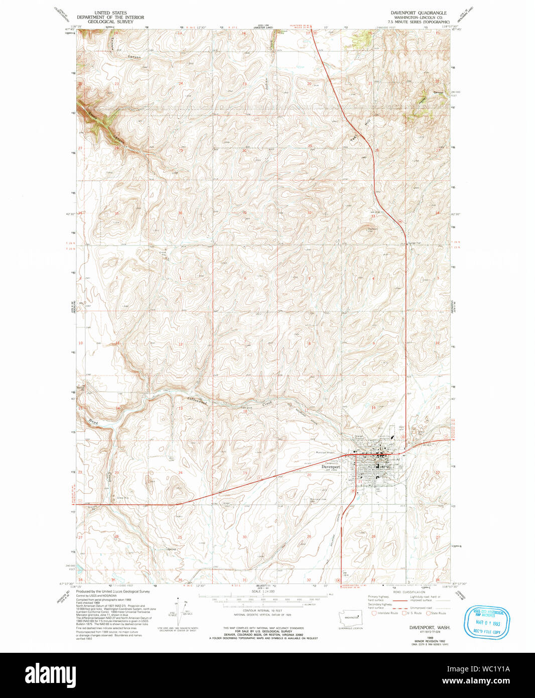 USGS TOPO Map Stato di Washington WA Davenport 240787 1969 24000 Restauro Foto Stock