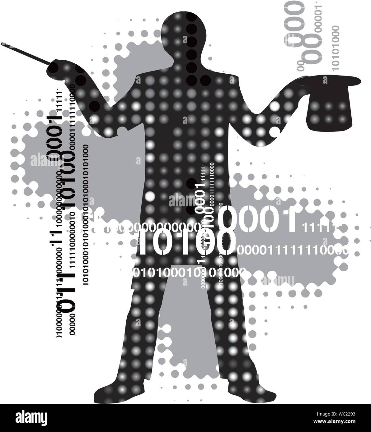 Mago del computer. Silhouette maschio con la bacchetta magica, cappello e codici binari.Vettore disponibile. Illustrazione Vettoriale
