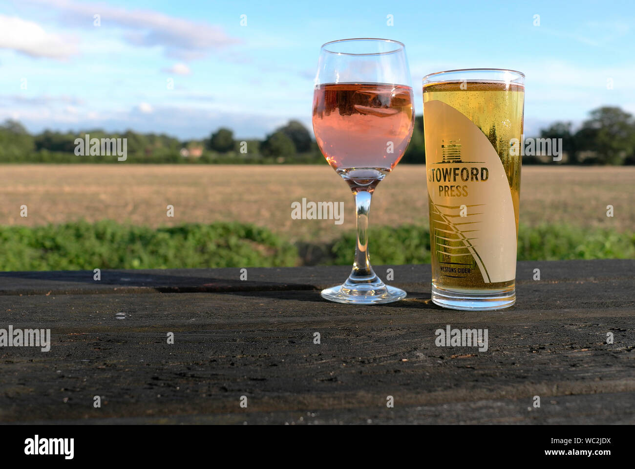 Una pinta di Stowford premere il sidro di mele e un bicchiere di vino rosé Foto Stock
