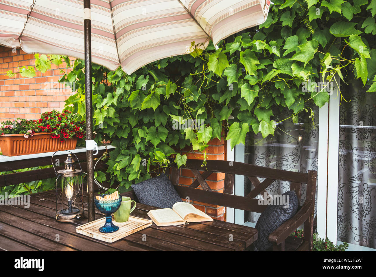 Carino casa privata balcone con lussureggianti vigneti come decorazione e aperti sun ombrellone per ombra nella soleggiata giornata estiva meteo. Libro aperto, moderno Foto Stock