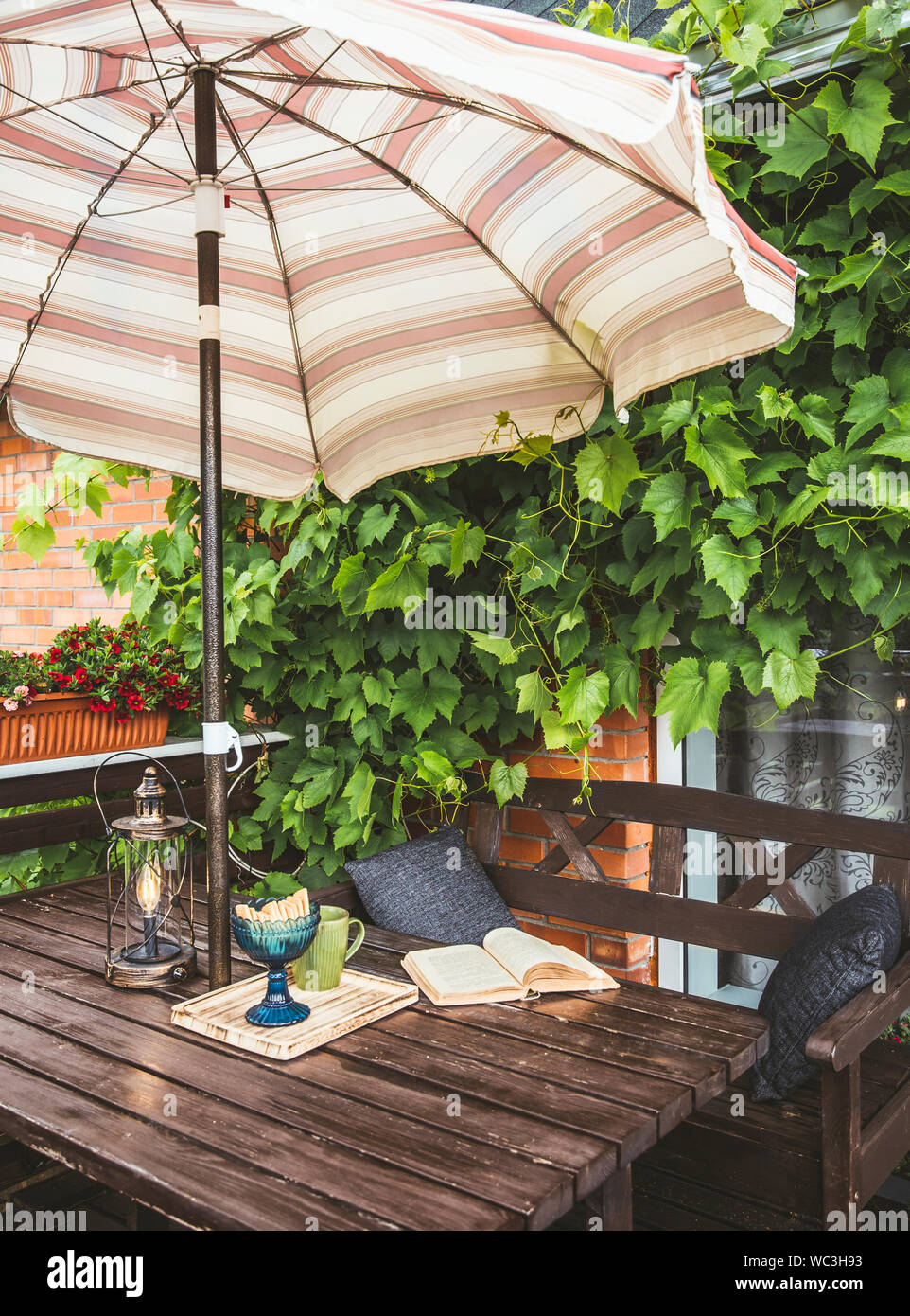 Carino casa privata balcone con lussureggianti vigneti come decorazione e aperti sun ombrellone per ombra nella soleggiata giornata estiva meteo. Libro aperto, moderno Foto Stock