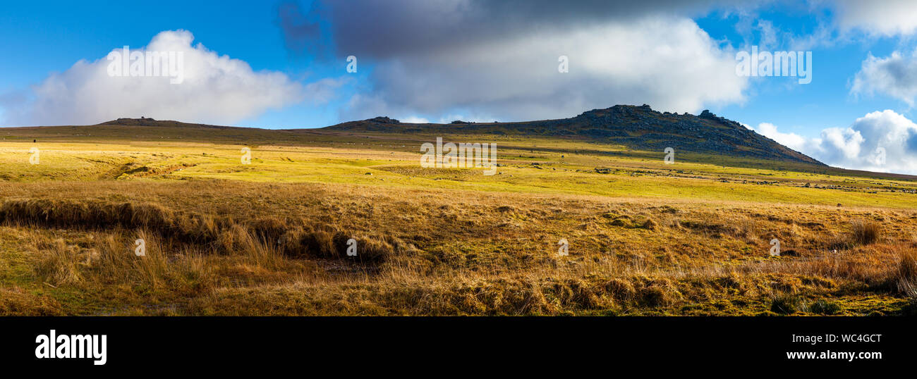 Panormaic shot del robusto a piedi fino al ruvido Tor su Bodmin Moor il secondo punto più alto in Cornwall Inghilterra UK Europa Foto Stock