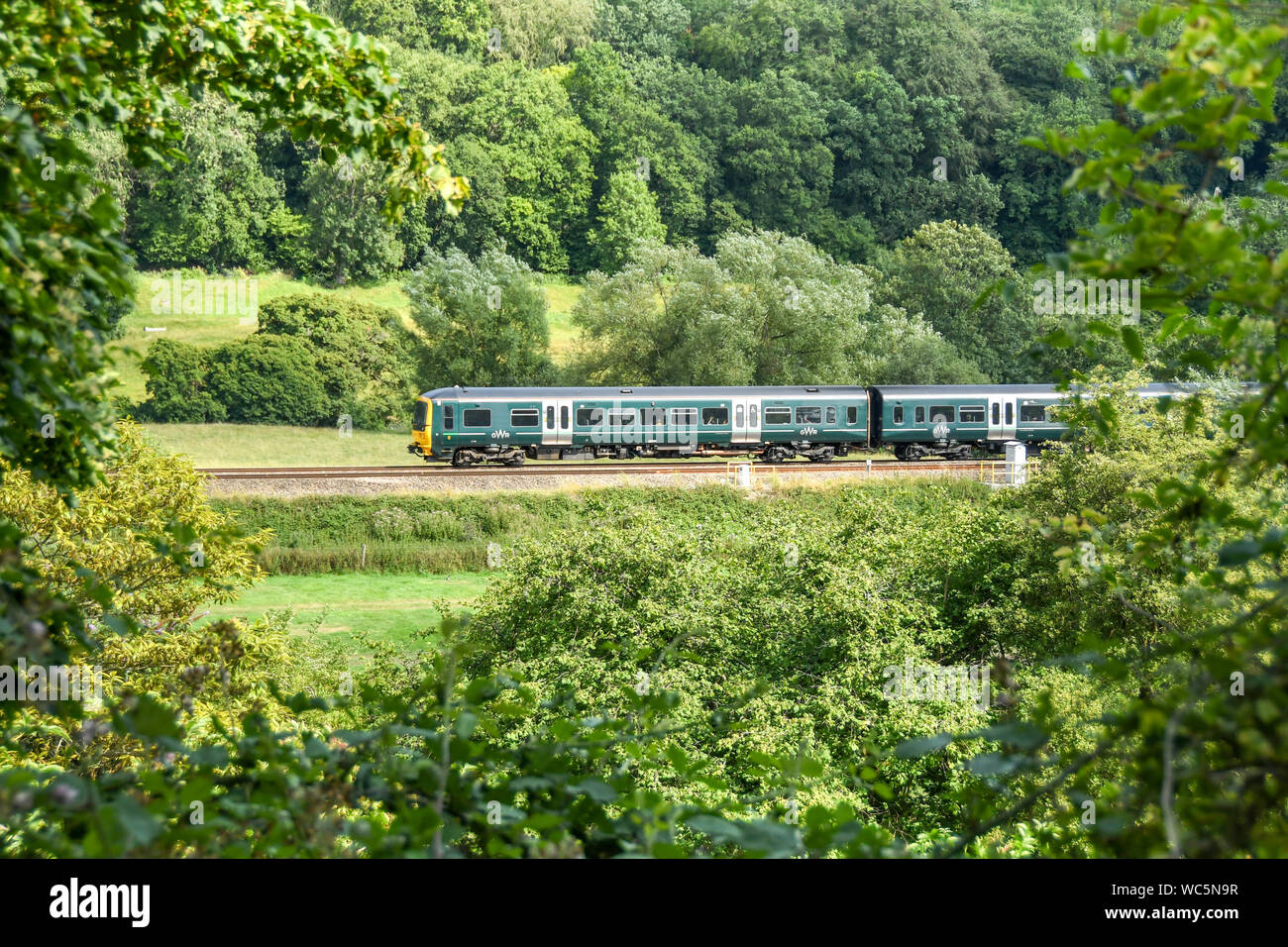 Bagno, Inghilterra - Luglio 2019: Treno azionato da Great Western ferrovie in viaggio attraverso la campagna della periferia della città di Bath Foto Stock