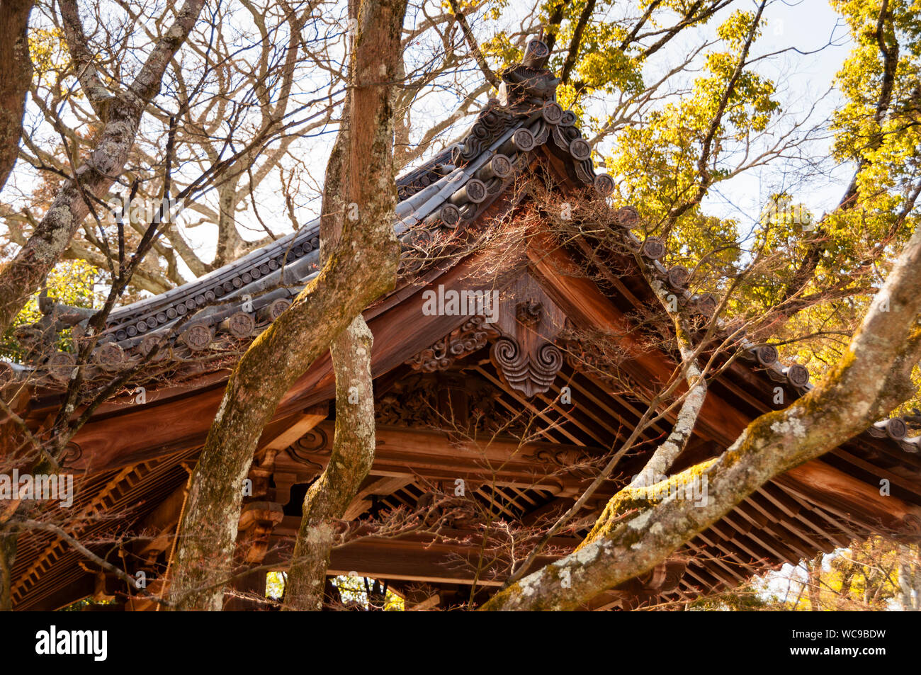 Tetto dell'edificio della campana del Tempio con tegole di argilla giapponesi al Tempio di Chishaku-in a Kyoto, Giappone. Foto Stock