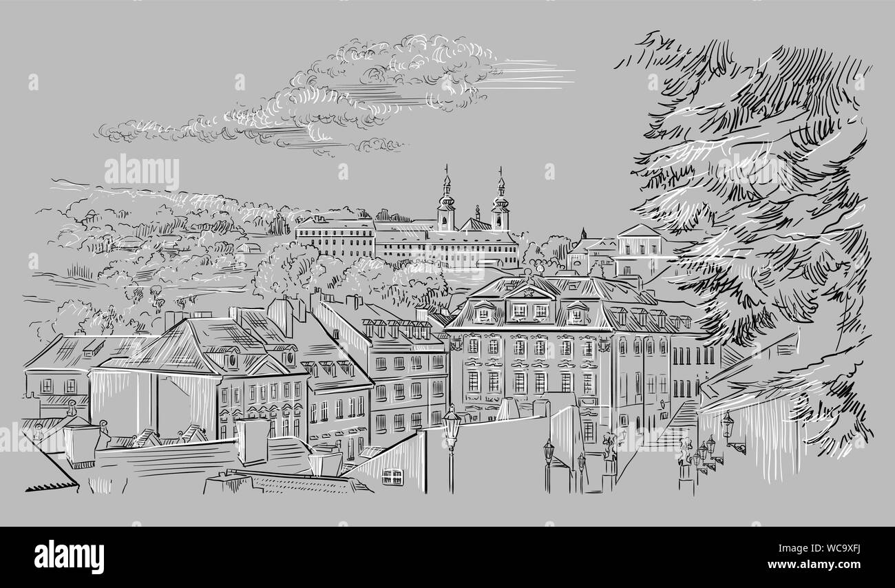 Vettore di disegno a mano illustrazione del paesaggio urbano panoramica di Praga. Il monastero di Strahov e tetti di Praga. Di Praga, Repubblica Ceca. Vettore i Illustrazione Vettoriale