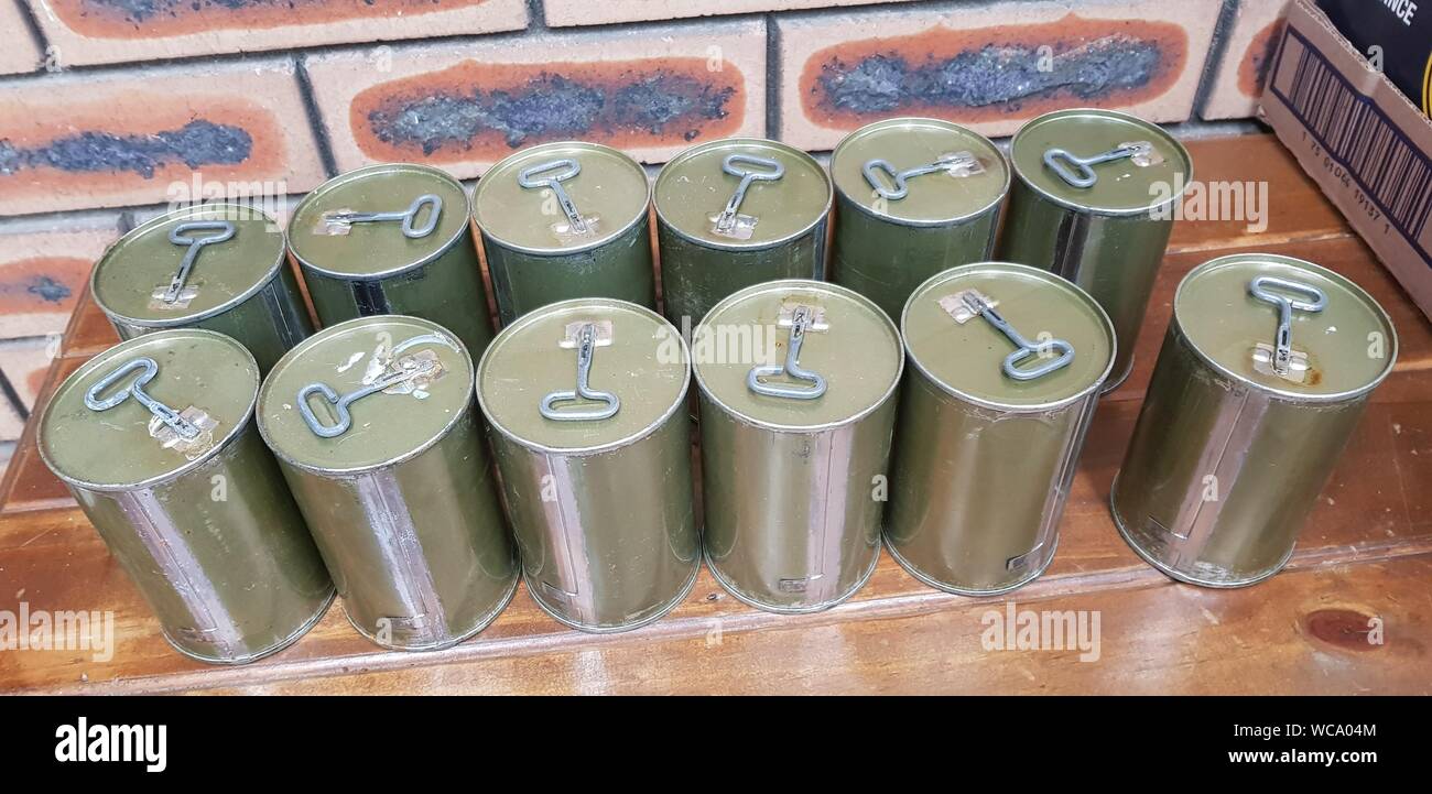 La riproduzione WWII US Army C razione di lattine Foto Stock