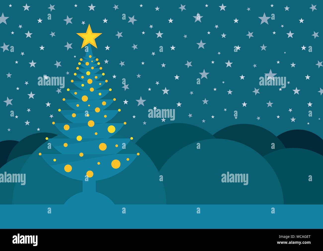 Blue albero di Natale con una stella sulla punta adornata con cerchi gialli su uno sfondo di montagne e un cielo pieno di stelle. Immagine vettoriale Illustrazione Vettoriale