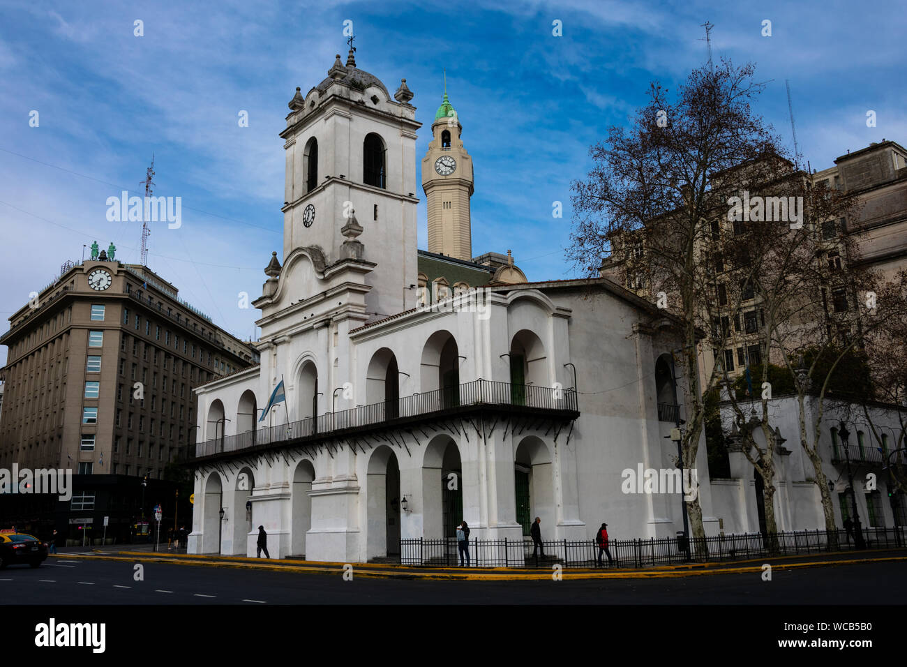 Buenos Aires, Argentina. Agosto 19, 2019. Il Buenos Aires Cabildo e il Palazzo della Città di Buenos Aires legislatura Clock Tower Foto Stock