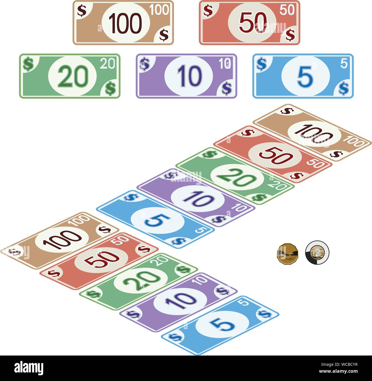 Denaro canadese, bollette 5, 10, 20, 50 e 100, monete 1 & 2 dollari. Full Color rendering grafico Illustrazione Vettoriale