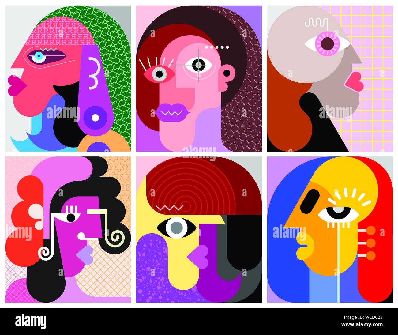 Sei facce diverse arte moderna illustrazione vettoriale. Progettazione di sei ritratti astratto. Illustrazione Vettoriale