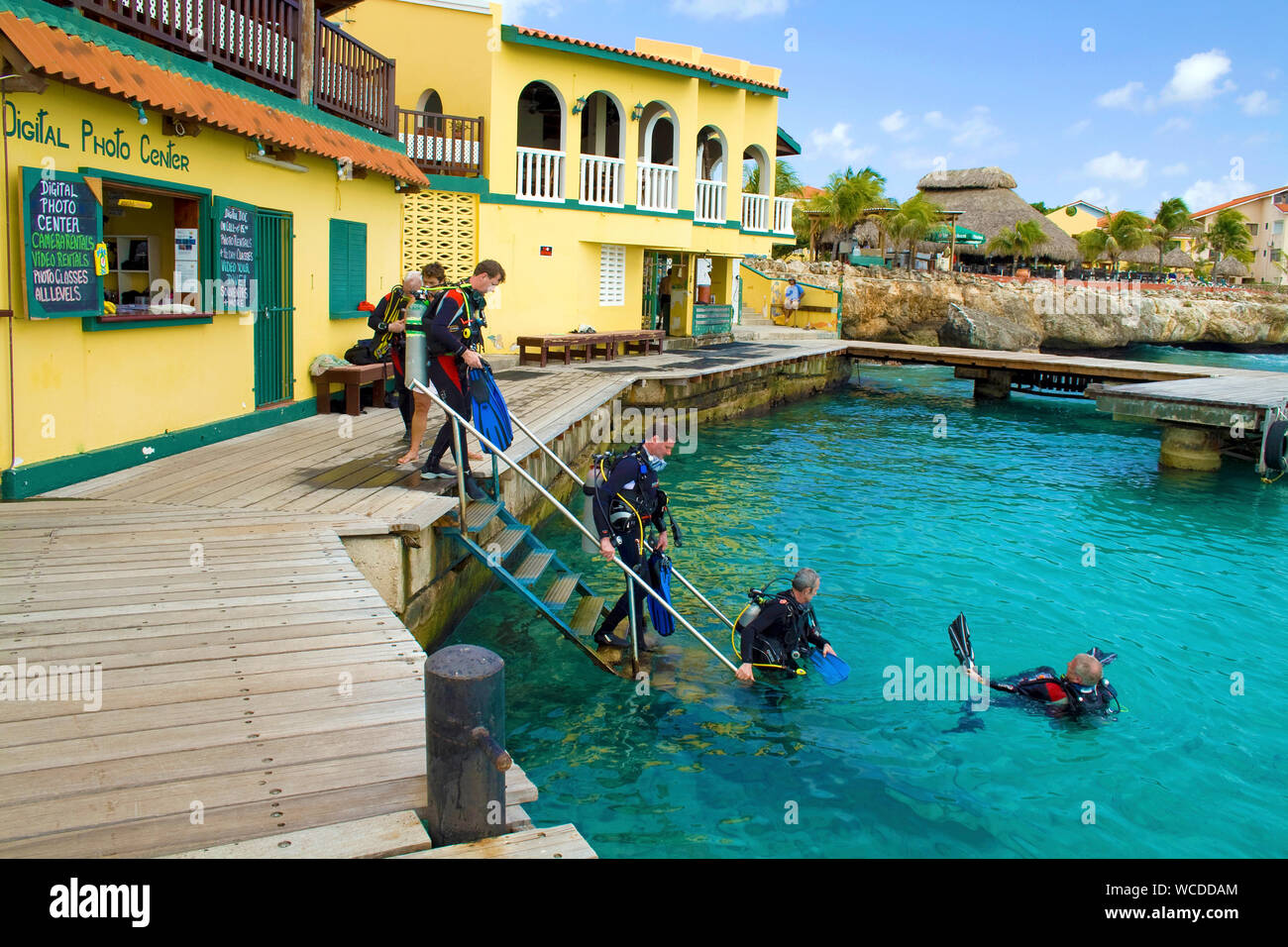 Scuba Diver a Buddy Dive Resort, famose dive resort su Bonaire, Antille olandesi Foto Stock