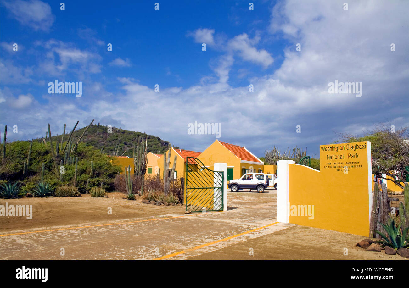 Ingresso a Washington Slagbaai National Park, STINAPA, Bonaire, Antille olandesi Foto Stock