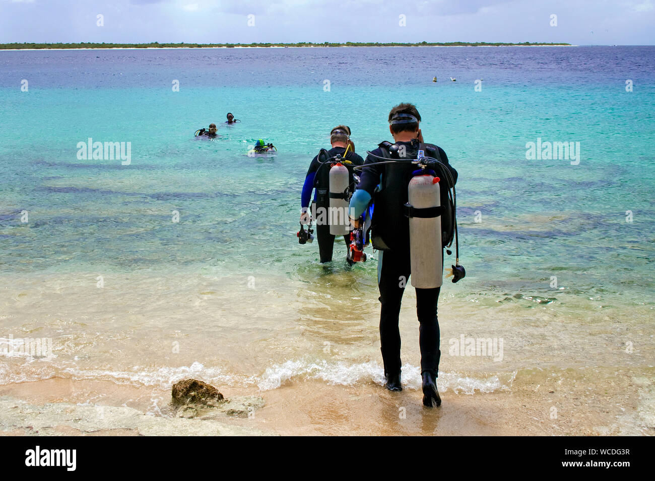 Shore, immersioni scuba diver entra in mare, la maggior parte dei siti di immersione sono raggiungibili da riva, Bonaire, Antille olandesi Foto Stock
