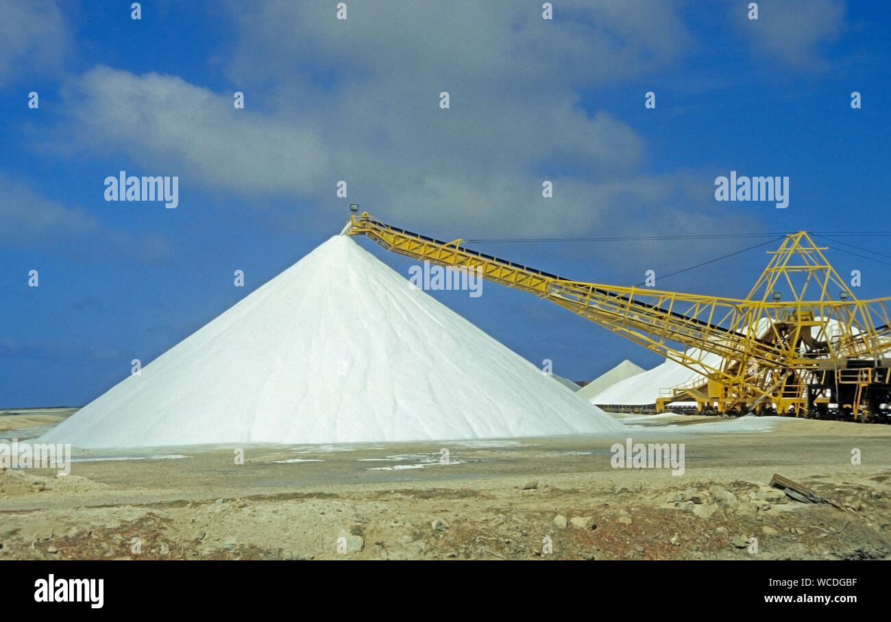 Saline Bonaire, miniera di sale, la naturale evaporazione dal sole e dal vento, il sale cristallizza nel sale letti, Bonaire, Antille olandesi Foto Stock