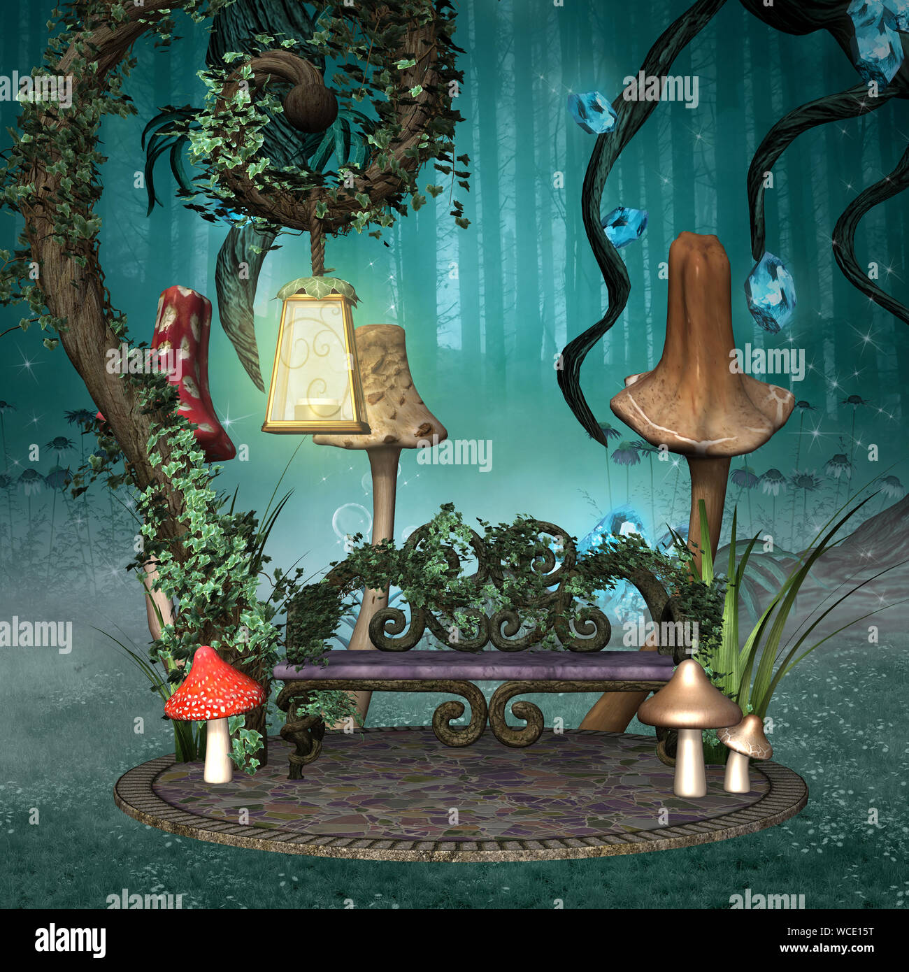Elf luogo di riposo con un banco e una lanterna in una foresta di fantasia Foto Stock