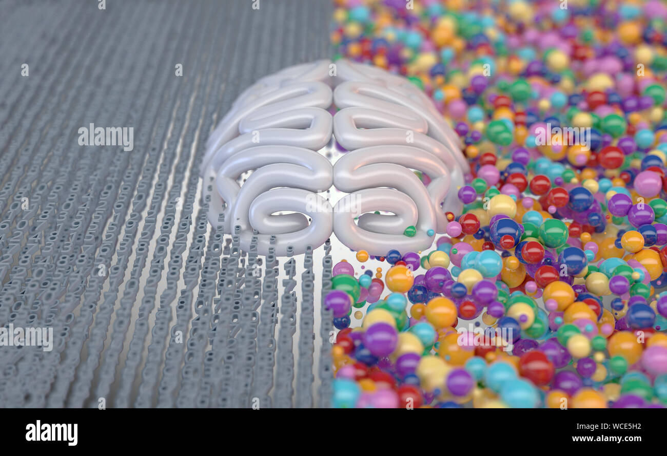 Un cervello stilizzato con il lato sinistro raffigurante un analitico, strutturato e mente logica, e il lato destro raffigurante una sparsi, creative e colore Foto Stock