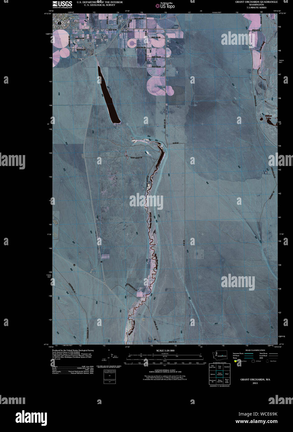 USGS TOPO Map Stato di Washington WA concedere frutteti 20110425 TM restauro invertito Foto Stock
