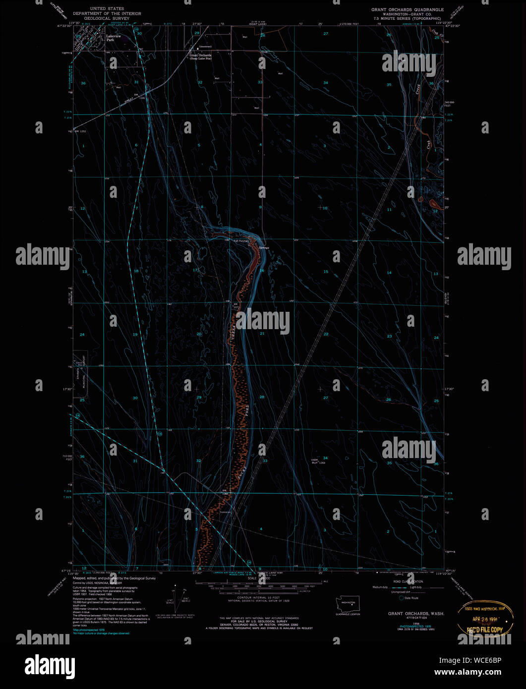 USGS TOPO Map Stato di Washington WA concedere frutteti 241398 1956 24000 Restauro invertito Foto Stock