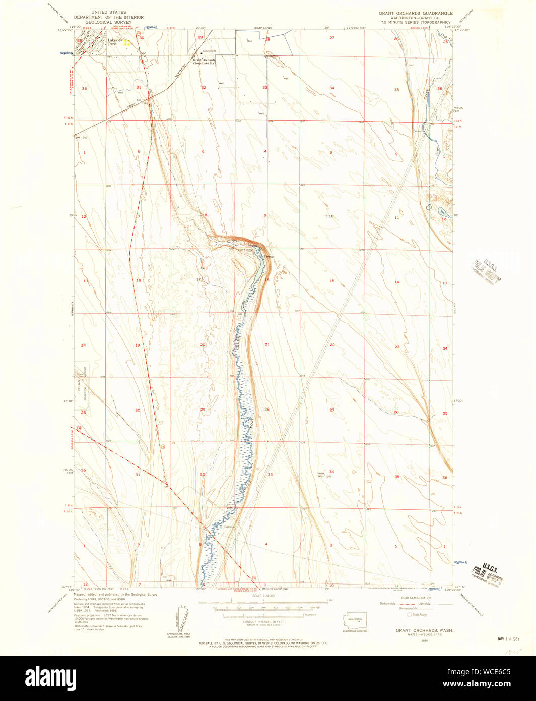 USGS TOPO Map Stato di Washington WA concedere frutteti 241397 1956 24000 Restauro Foto Stock