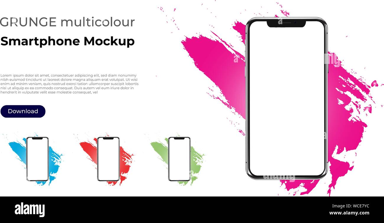Un generico smartphone mockup su randon grunge sfondo colorato. Rosa, verde, blu, rosso. Modello per la presentazione di app per i siti web, le pagine di destinazione. Illustrazione Vettoriale