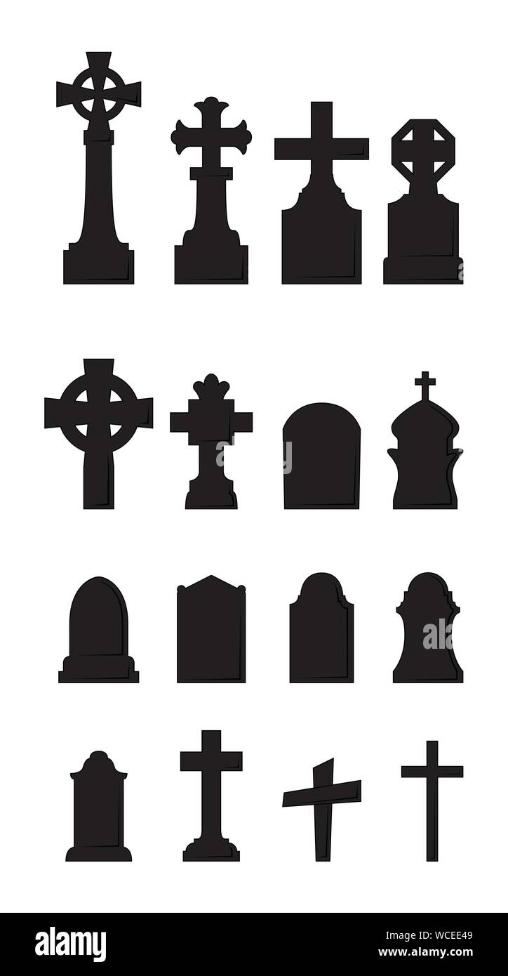 Cimitero icone illustrazioni impostato su sfondo bianco Illustrazione Vettoriale