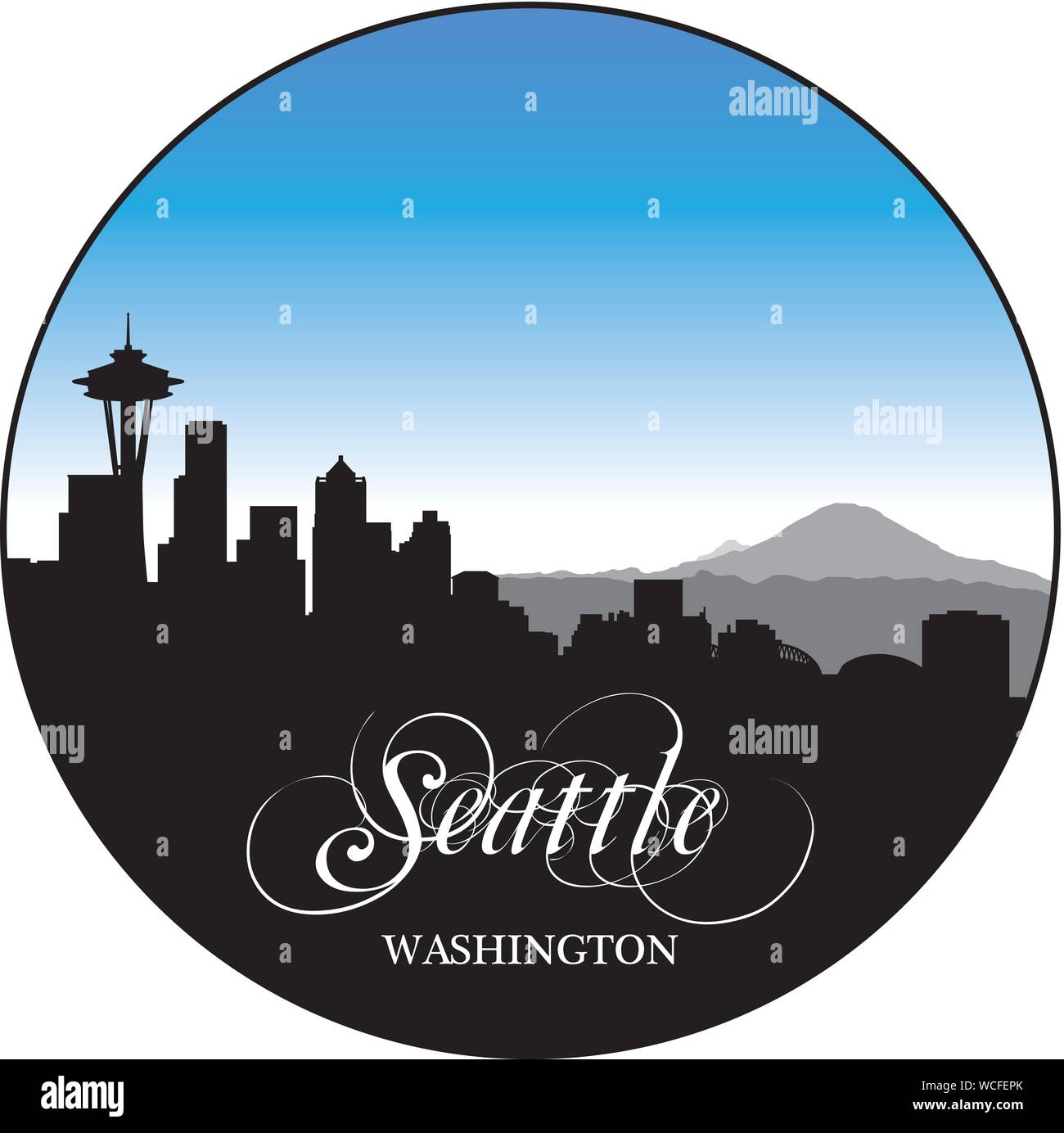 Seattle Washington skyline con varie attrazioni in blu e nero Illustrazione Vettoriale