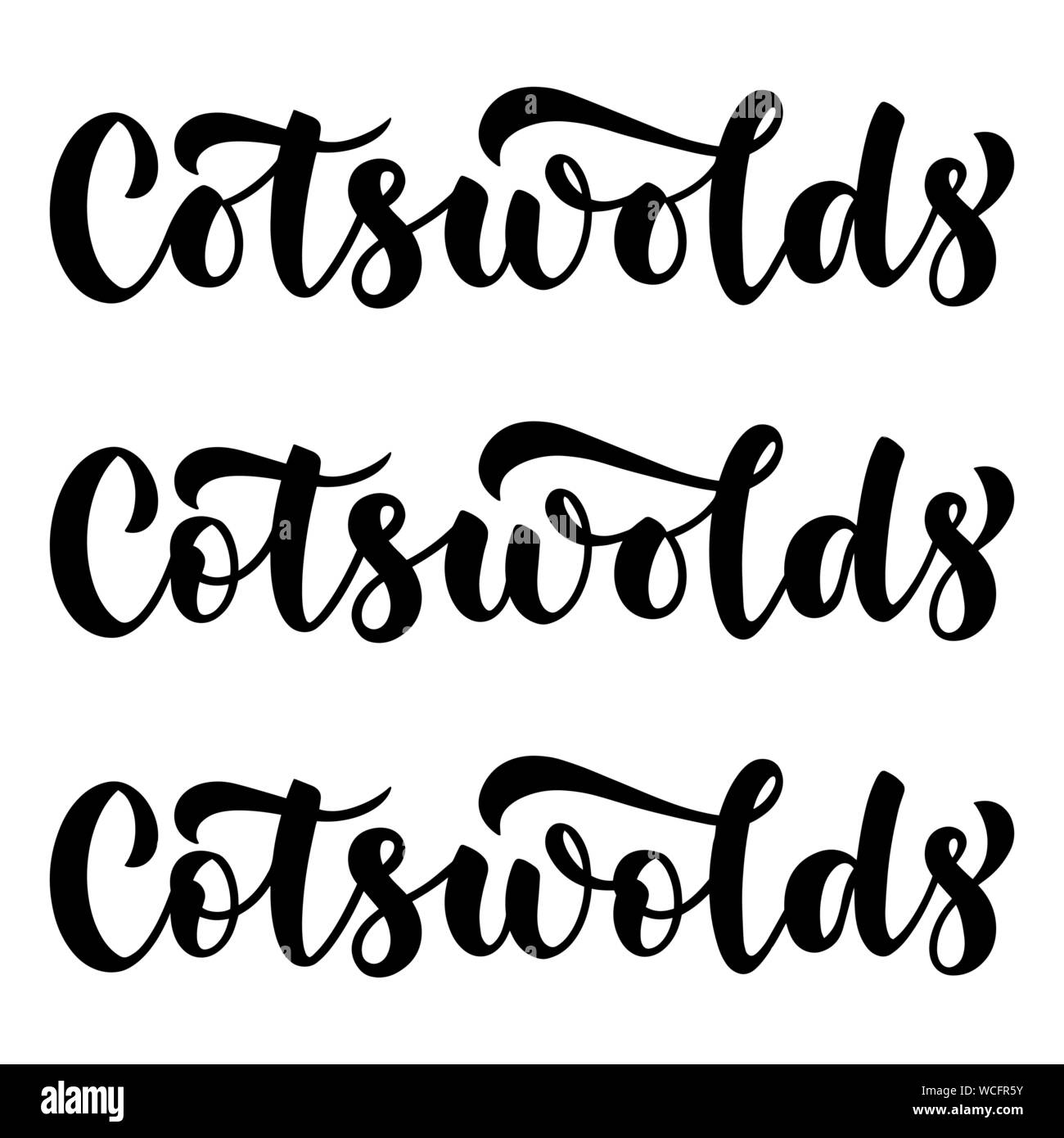 Cotswolds. Pennello vettoriale lettering elemento script. Area di Cotswolds nome per poster, cartoline, mappe e guide di viaggio. Illustrazione Vettoriale