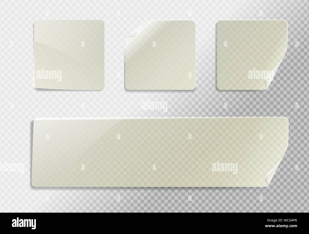 Il vettore vuoto in plastica trasparente square sticker adesivo mock up con angolo curvo. Svuotare quadratica etichetta appiccicosa banner mockup con piega Illustrazione Vettoriale