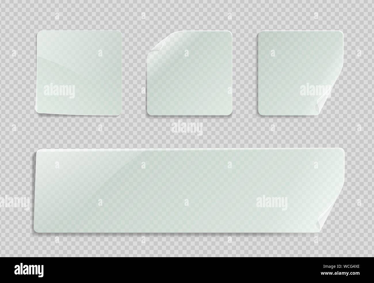 Il vettore vuoto in plastica trasparente square sticker adesivo mock up con angolo curvo. Svuotare quadratica etichetta appiccicosa banner mockup con piega Illustrazione Vettoriale