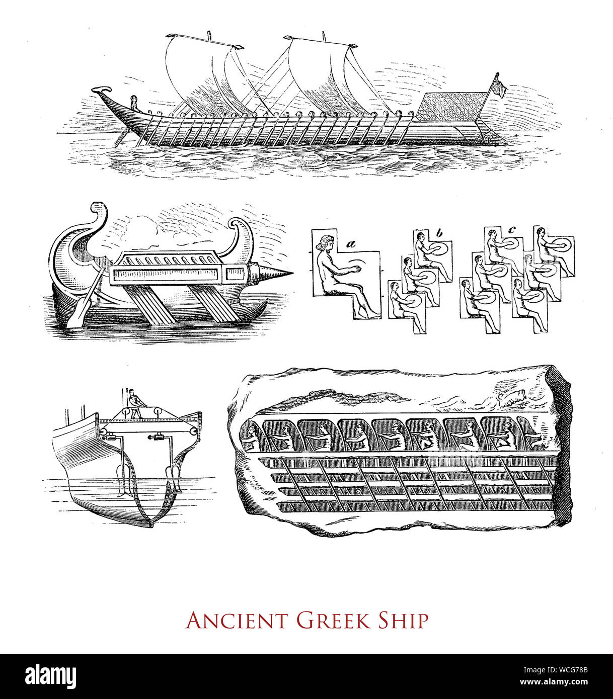 Antichità: antica nave greca, un 'catamarano hull' galley con righe di vogatori e vele rettangolari Foto Stock
