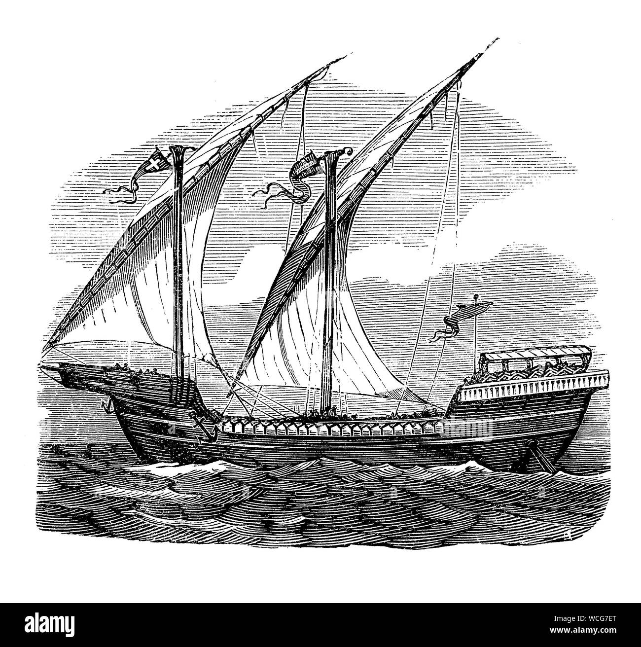 Nave francese del XIII secolo a Luigi IX volte, caravel nave con latine truccate vele, due montanti e timone di poppa(Caravela latina) Foto Stock