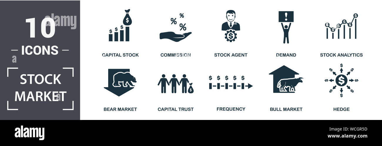 Borsa icona set. Contengono riempito flat recare mercato, il Mercato Bull, stock analytics, agente di scorta, stock di capitale capitale, la fiducia, la domanda, frequenza Foto Stock