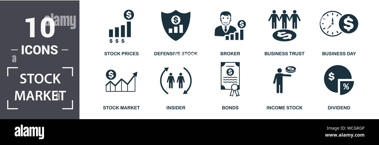 Borsa icona set. Contengono riempito broker di Piana, le quotazioni di borsa, giorno lavorativo, business trust, dividendo, stock difensivo icone. Formato modificabile Foto Stock