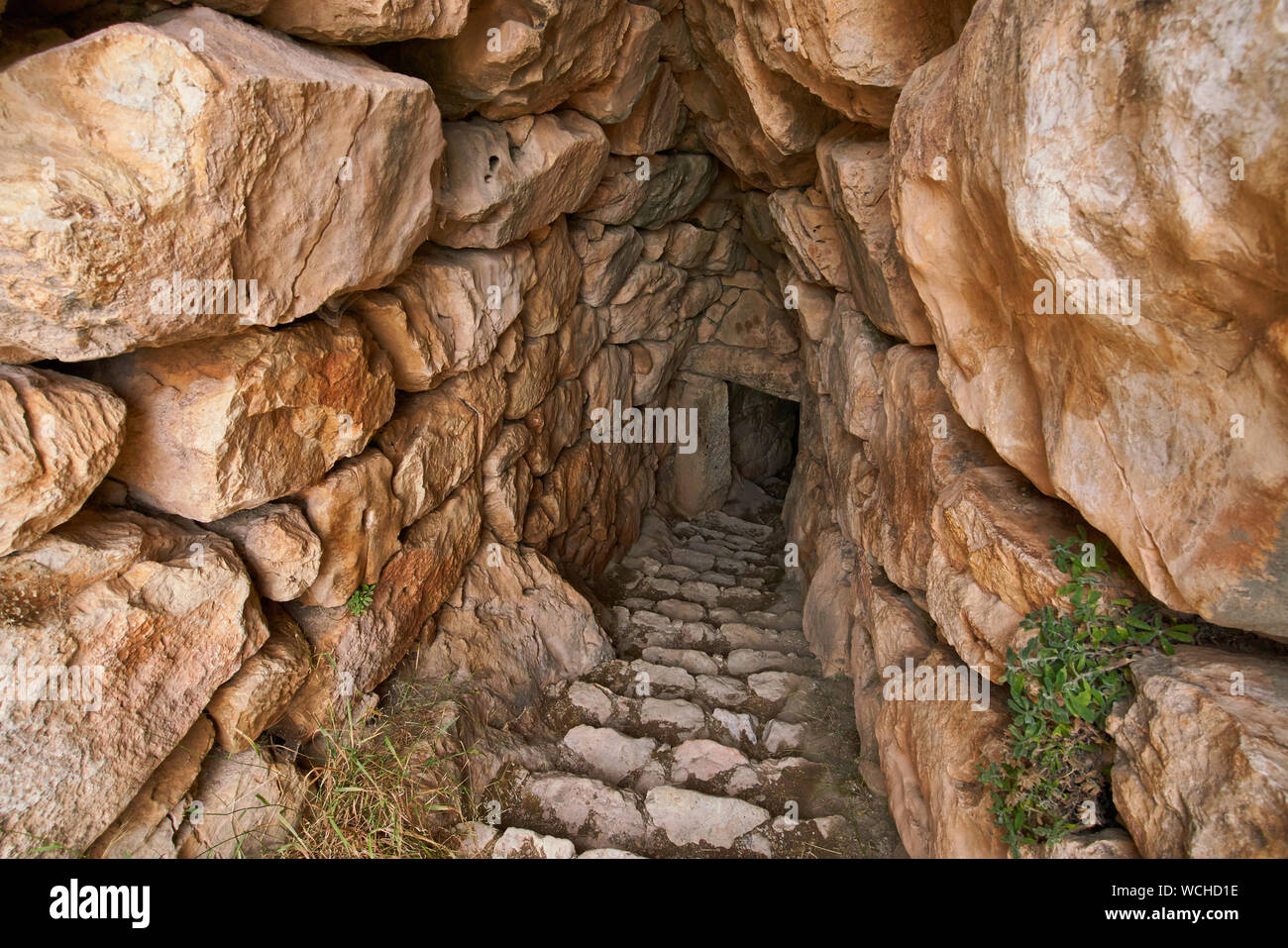 Passi verso il basso di secret cisterna di Micene in Grecia Foto Stock