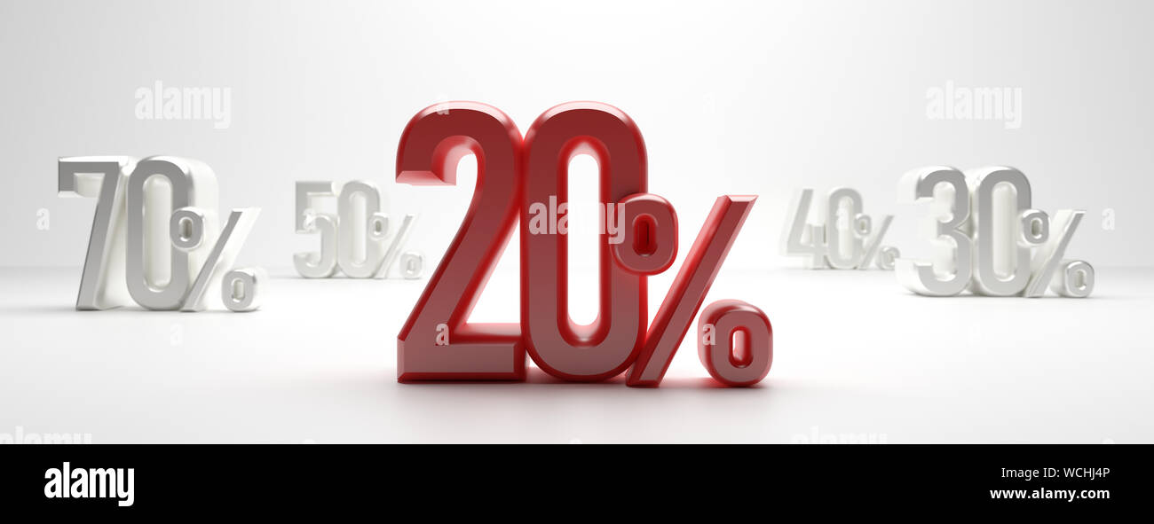 20 percento di sconto testo su sfondo bianco, banner. 20% di sconto, vendita 20% concetto. 3d illustrazione Foto Stock