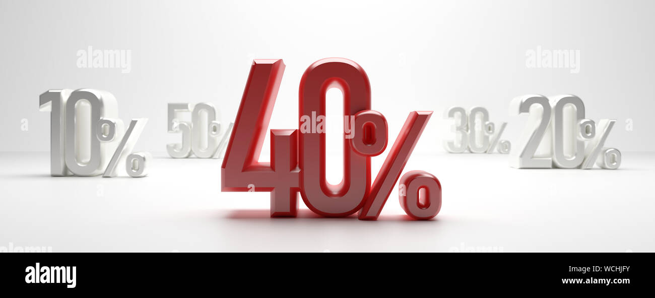 40 percento di sconto testo su sfondo bianco, banner. 40% di sconto, vendita 40% concetto. 3d illustrazione Foto Stock