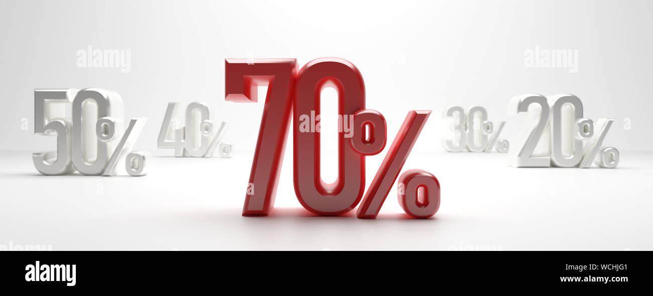 70 percento di sconto testo su sfondo bianco, banner. 70% di sconto, vendita di liquidazione 70% concetto. 3d illustrazione Foto Stock