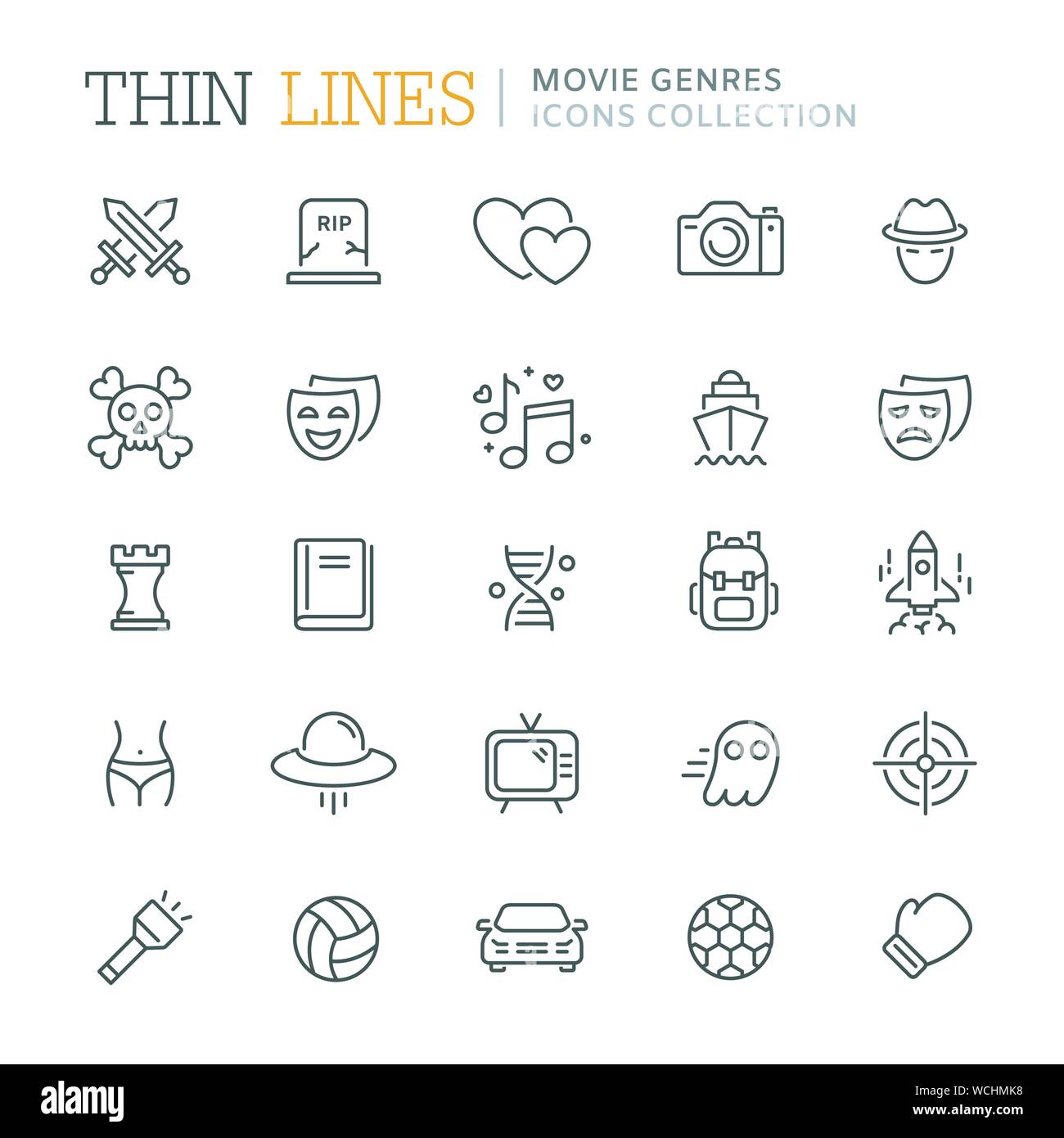 Raccolta di generi di film sottile linea icone Illustrazione Vettoriale