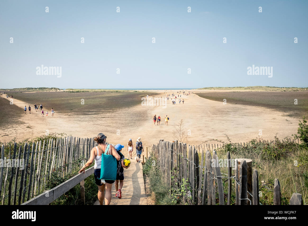 Vista della spiaggia di Holkham vicino a Wells accanto al mare, Norfolk, Inghilterra da passi che conducono giù dalla riserva naturale Foto Stock