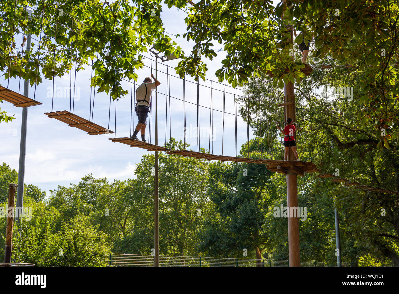 Le persone che attraversano il Go Ape tree top corso nel Parco di Battersea, Londra Foto Stock