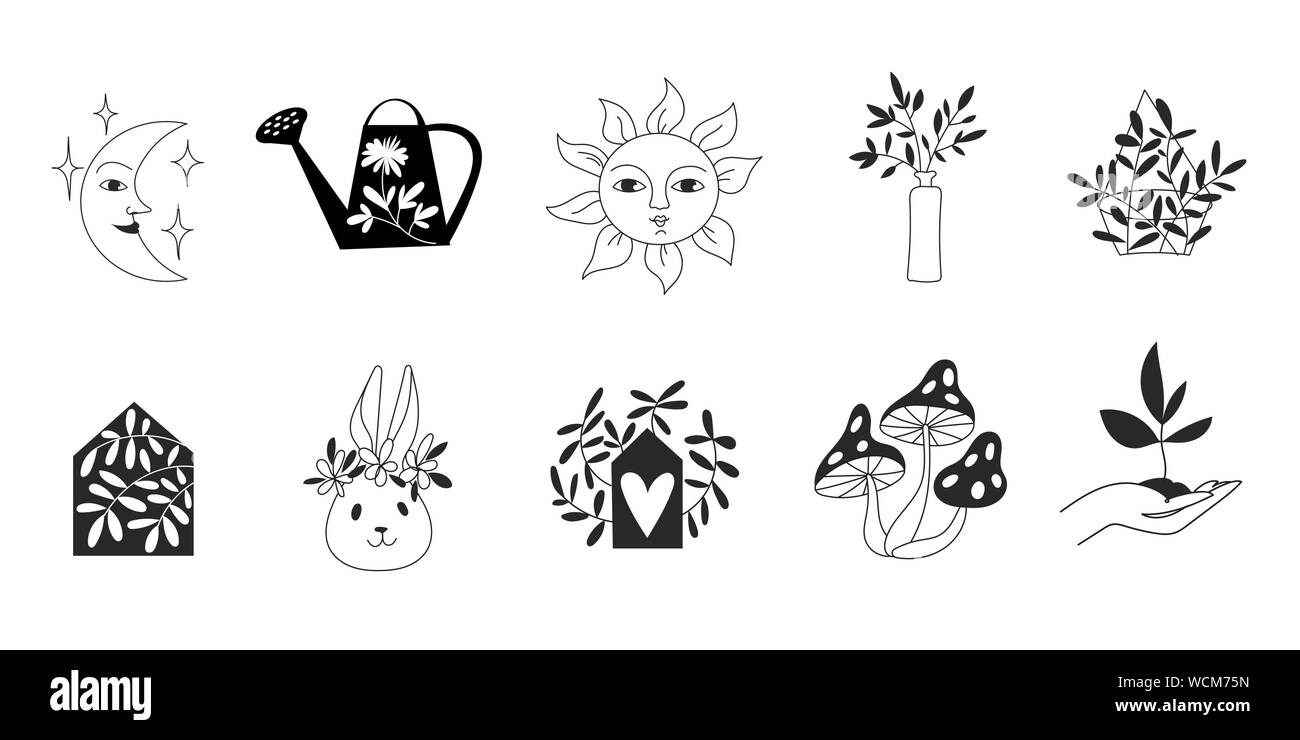 Modelli di logo in linea di arte e design di silhouette con gli elementi della natura. Illustrazione Vettoriale