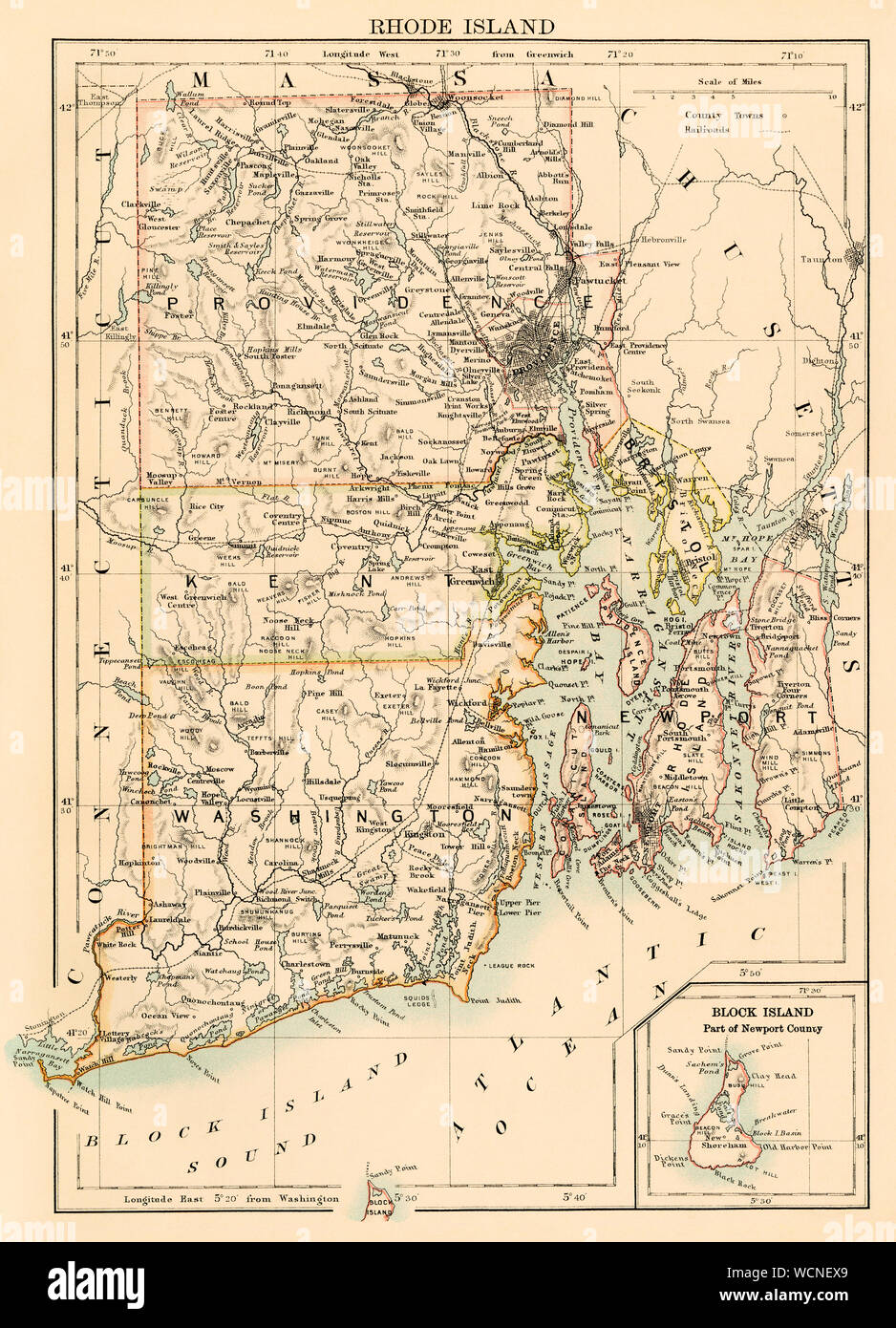 Mappa di Rhode Island, 1870s. Litografia a colori Foto Stock