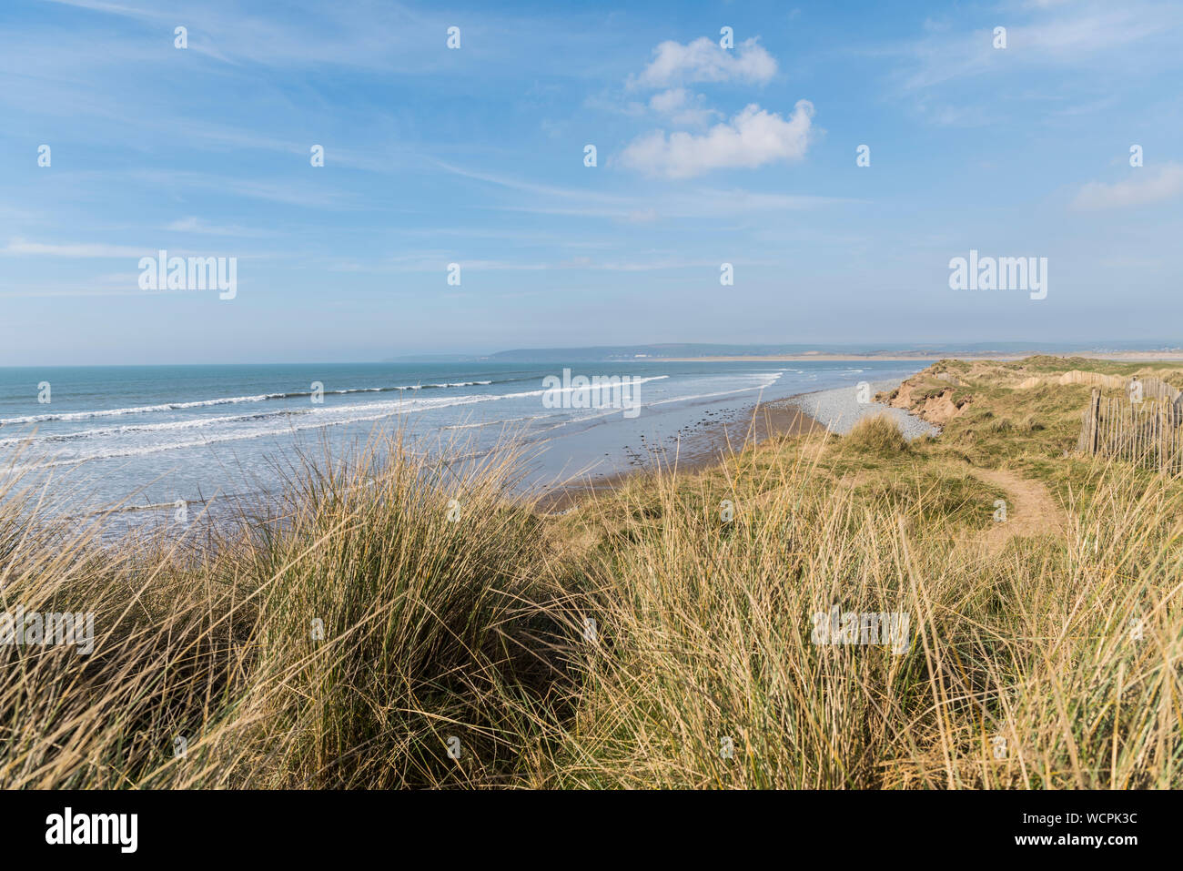 Vista lungo Saunton sands da dune di sabbia con marram erba in primo piano Foto Stock