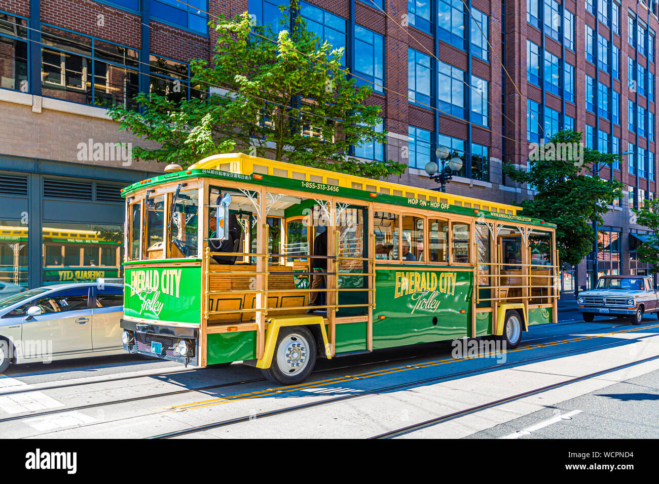 La Emerald City Trolley e tour bus a Seattle, Washington Foto Stock