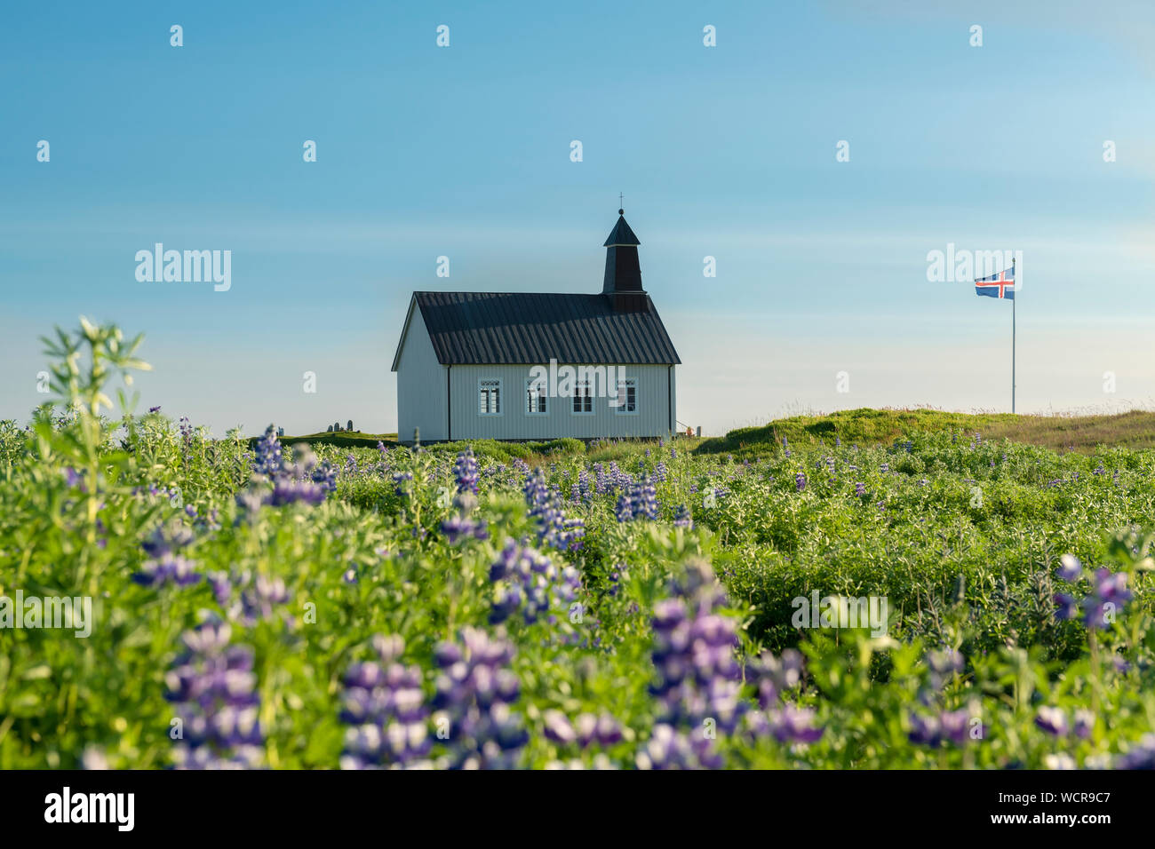 Strandakirkja nei pressi di Grindavik, Islanda su un limpido giorno di sole in estate con bandiera dell'Islanda in prato verde e fiori Foto Stock