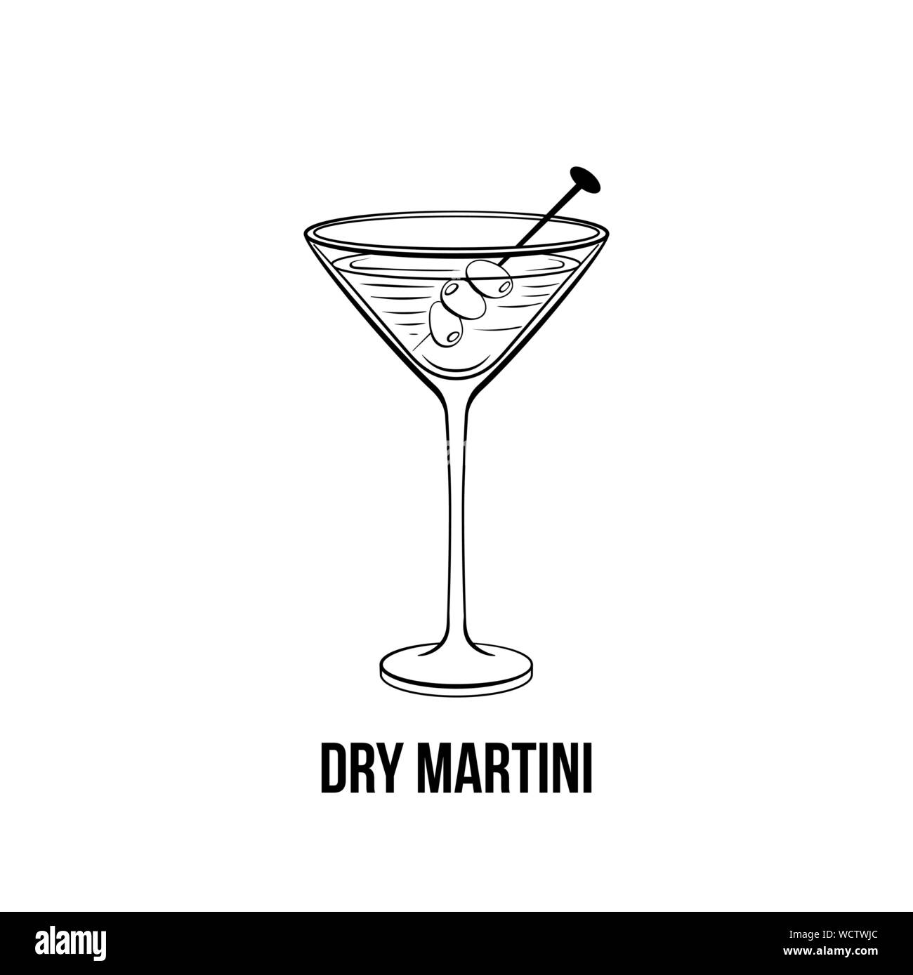 Martini Dry vettore in bianco e nero illustrazione. La bevanda alcolica con olive su stick. Bevanda monocromatica in vetreria disegno a inchiostro. Night club cocktail. Nel menu del bar, poster elemento di design Illustrazione Vettoriale