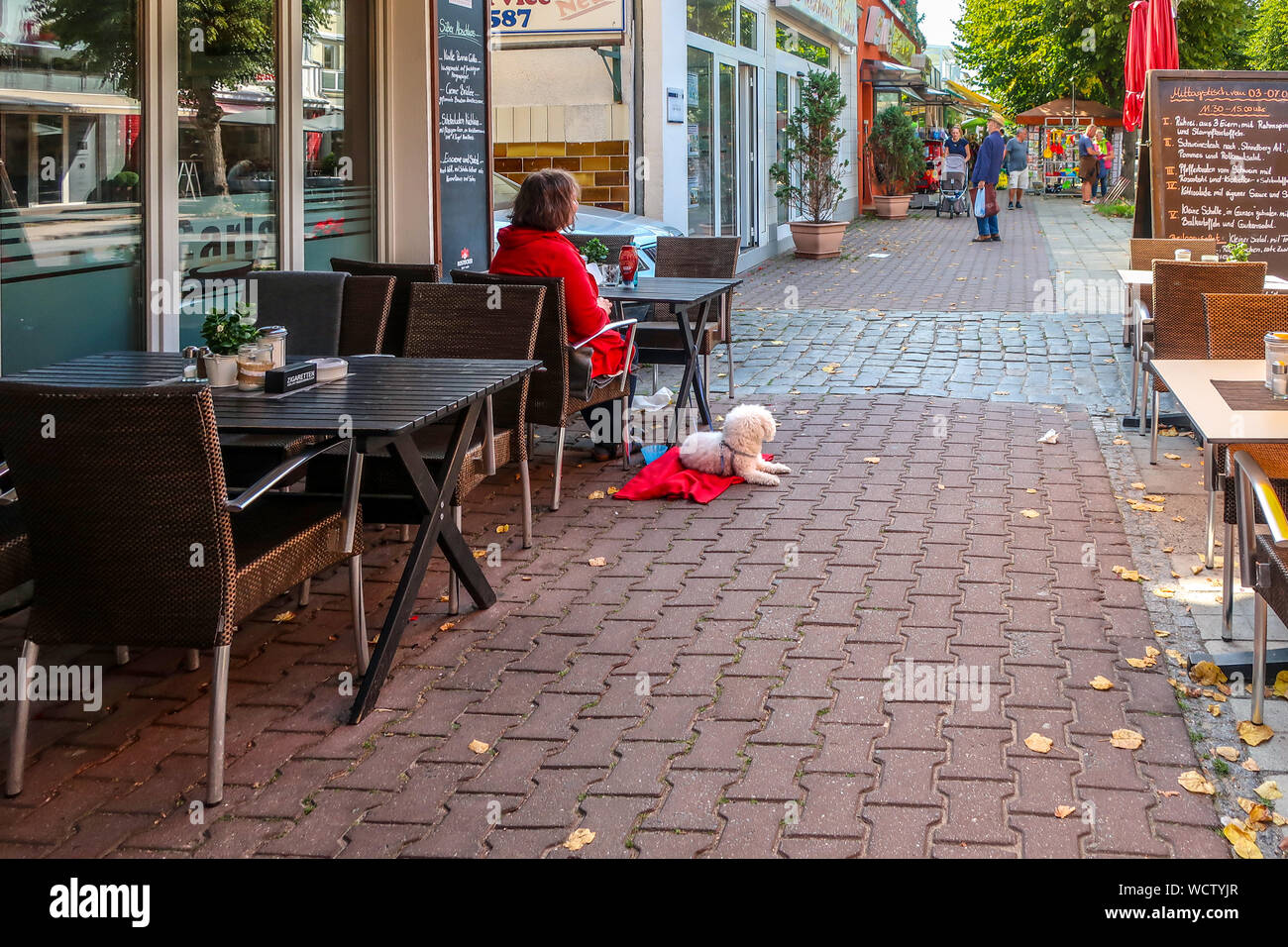 Una donna si siede da solo in una tabella di un cafè sul marciapiede con la sua piccola, bianco di razza barboncino cane accanto a lei come turisti e tedeschi negozio a Warnemunde Germania Foto Stock