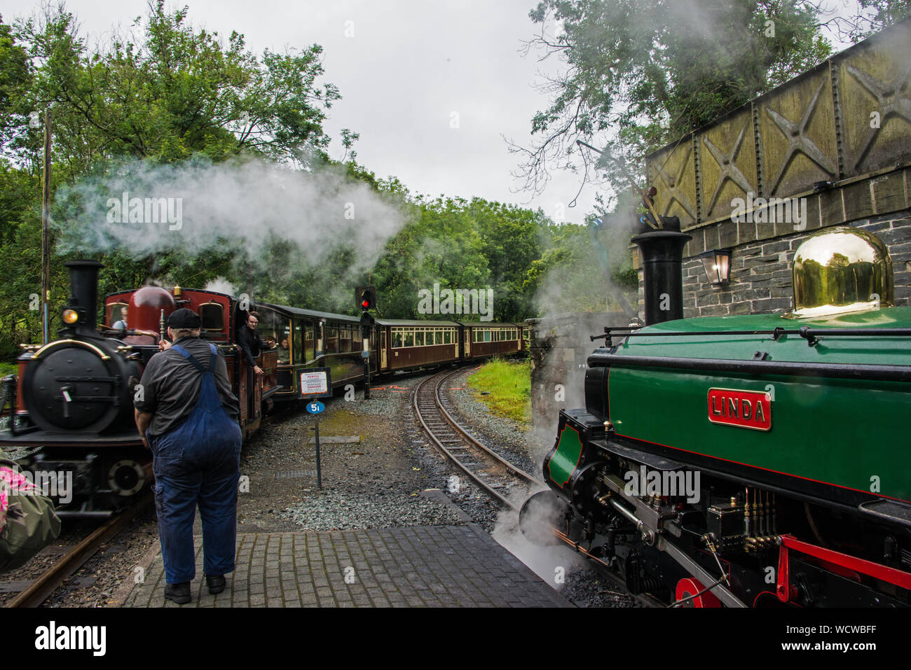 Il vapore traiins alla stazione Tanybwlch, Gwynedd, NW del Galles Foto Stock